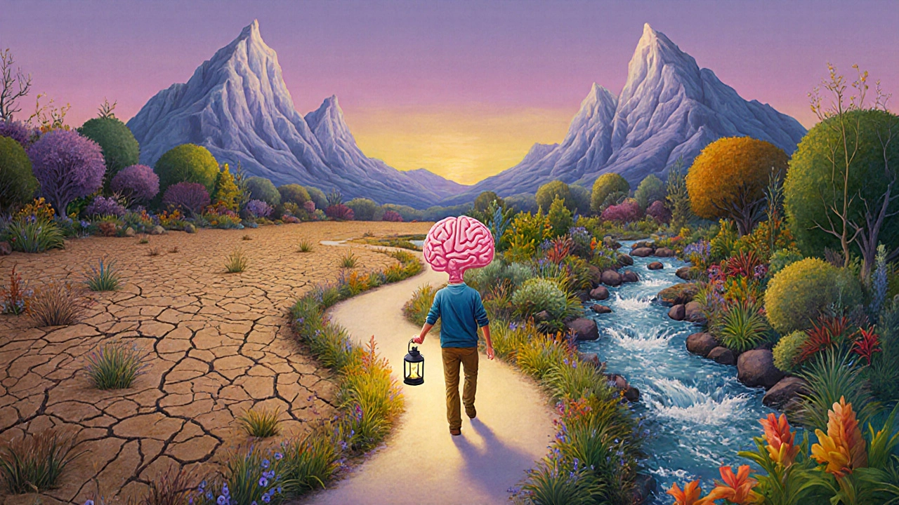 A mystical path balancing dry and lush landscapes, with a brain-shaped lantern guiding the way.