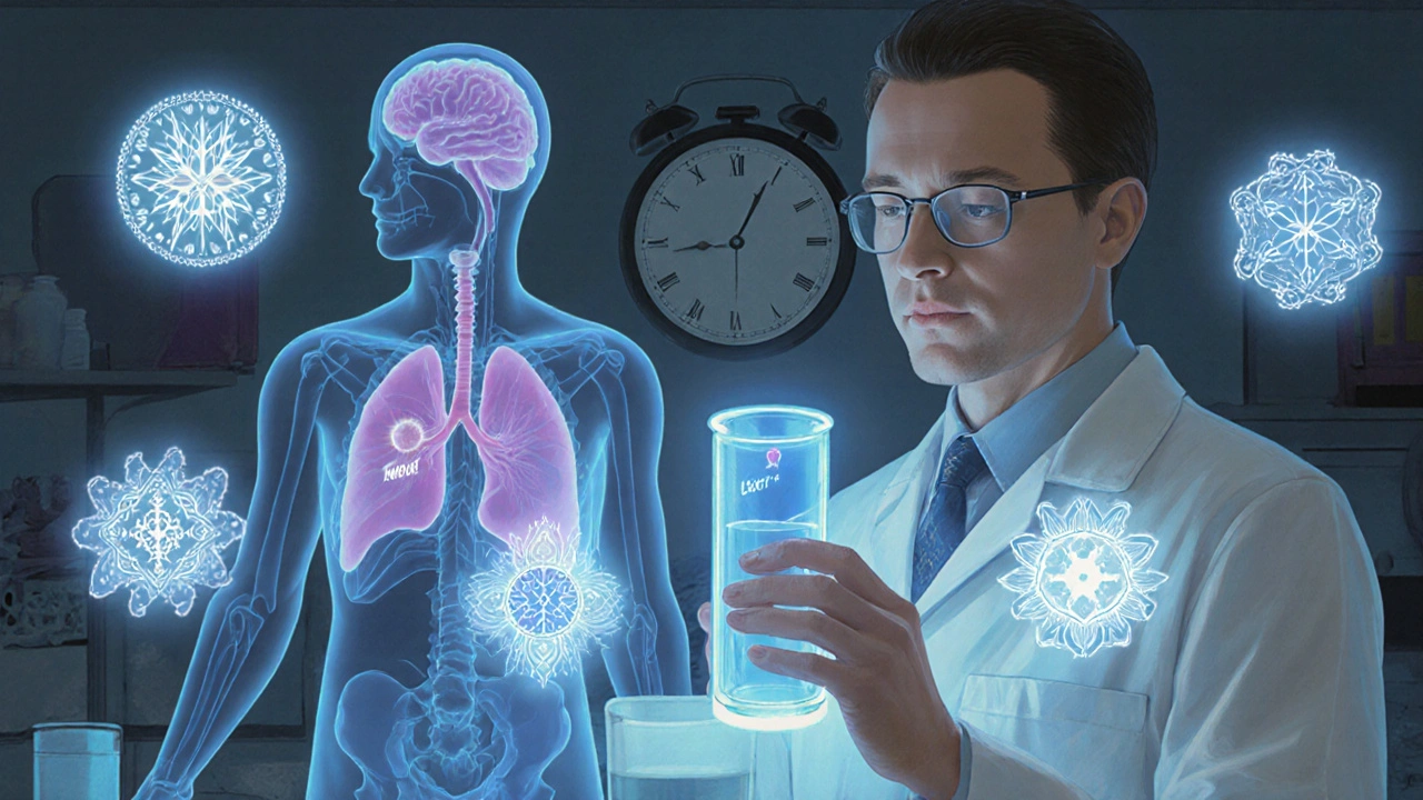 A neurologist holding glowing spinal fluid with abstract antibody symbols floating in a lab.
