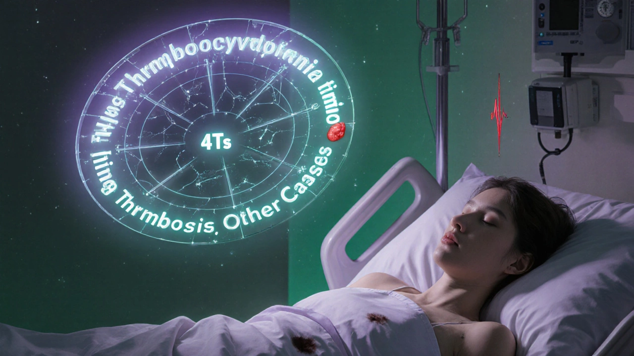 A patient in a hospital at dawn with dark skin patches, while a celestial 4Ts score hovers above with a pulsing red clot.