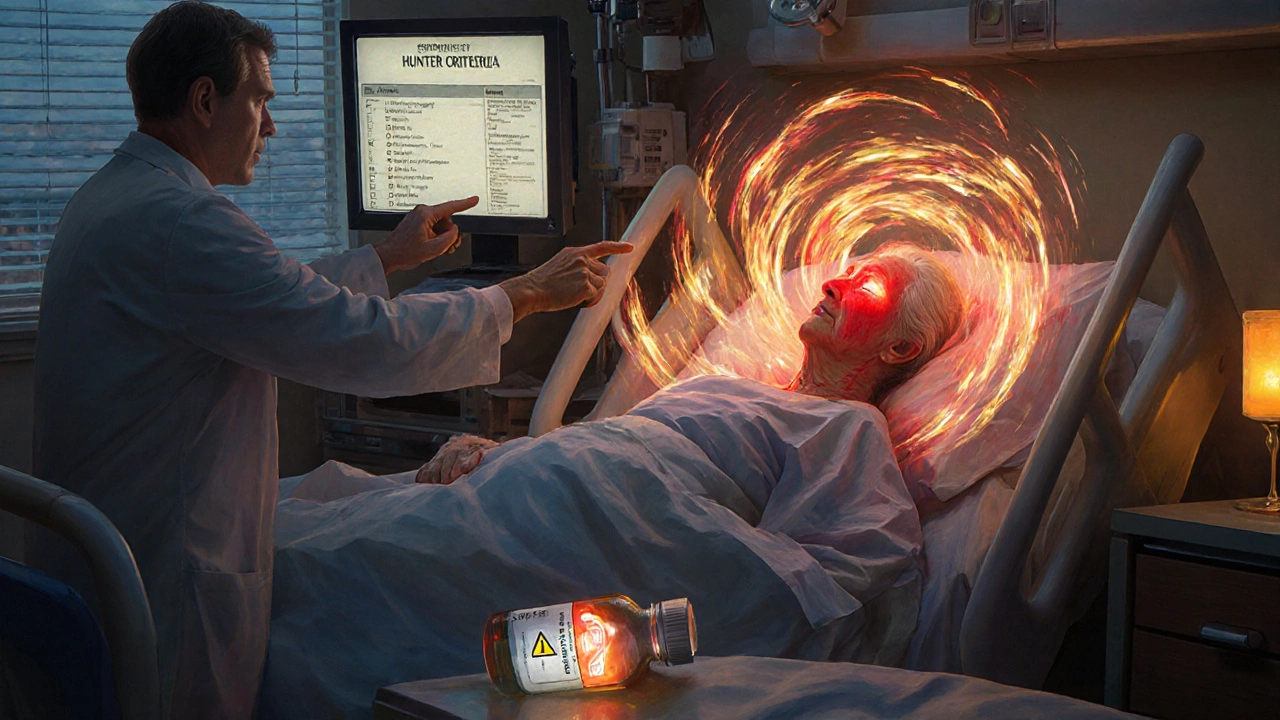A patient in an ER with glowing serotonin waves and a doctor pointing at diagnostic criteria, in luminous illustration style.