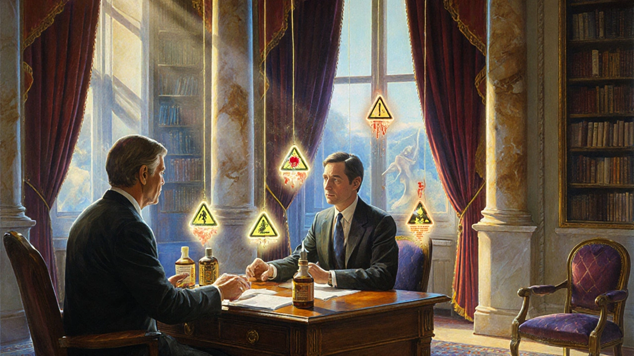 A patient shows supplement bottles to a physician in a sunlit library, with spectral warning symbols floating around them.