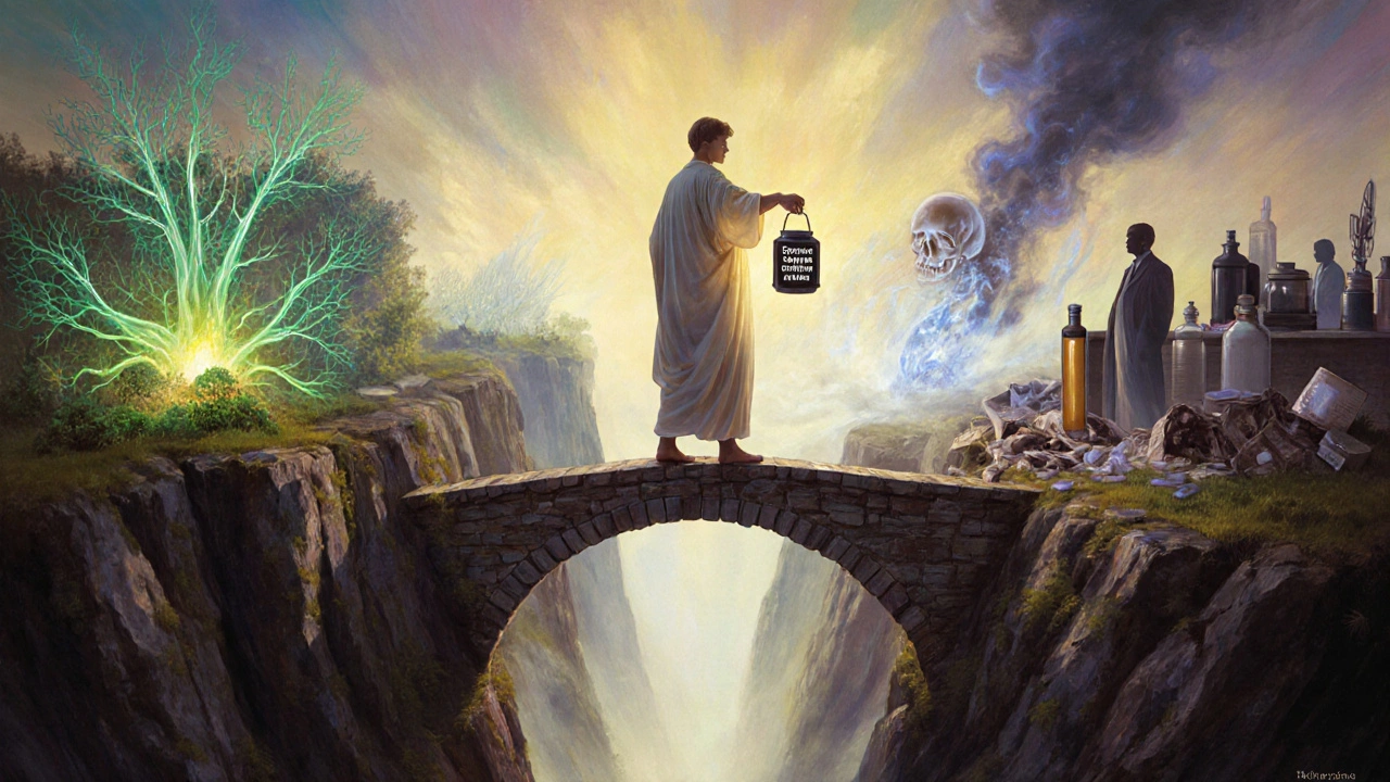 A person crosses a narrow bridge between calm neurons and a storm of seizures, holding a monitoring lantern.