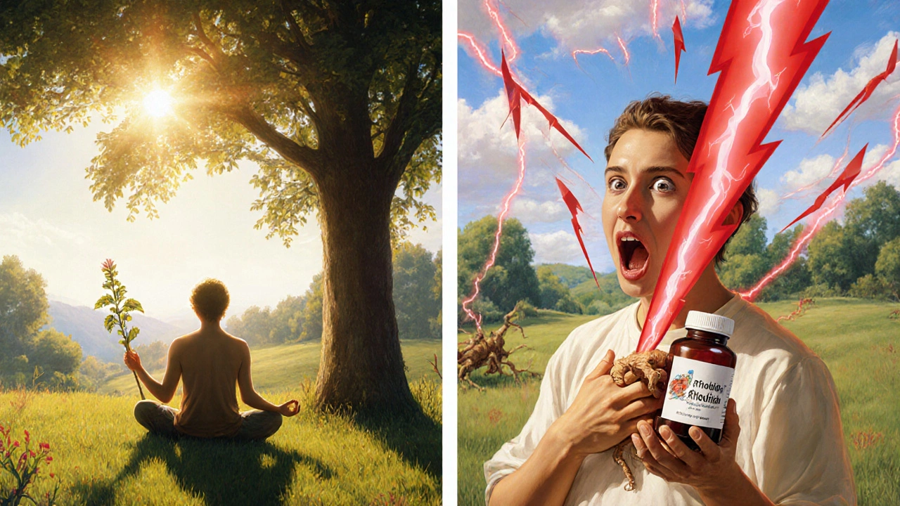 A person in peaceful meditation on one side, in panic on the other, surrounded by golden and crimson energy, in Maxfield Parrish style.