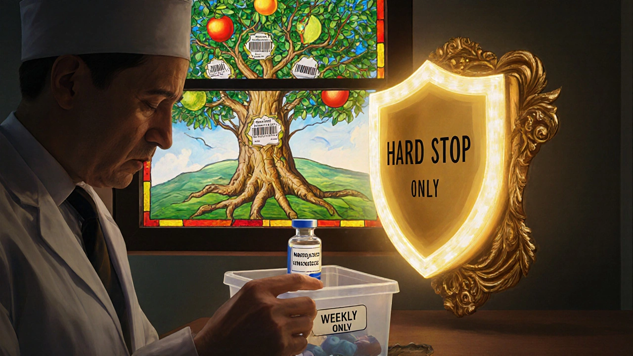 A pharmacist places methotrexate in a weekly bin, blocked by a golden shield labeled &#039;HARD STOP&#039; in a luminous pharmacy.