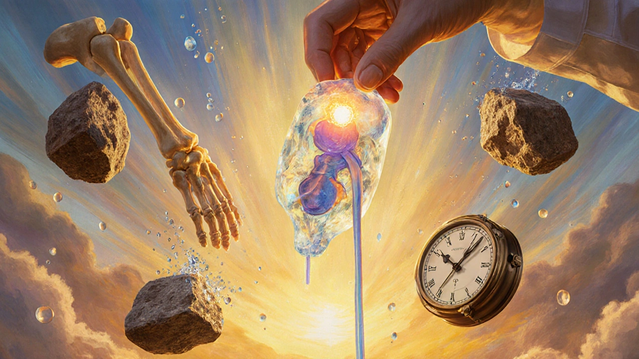 A surgeon&#039;s hand removes a glowing adenoma from a crystal-like gland as bones rebuild and stones dissolve in golden light.