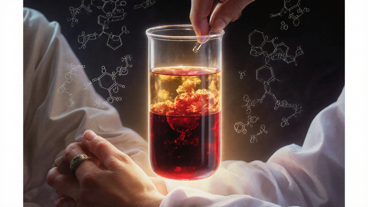 A technician draws blood as a glowing vial shows bound and free phenytoin layers with molecular details.