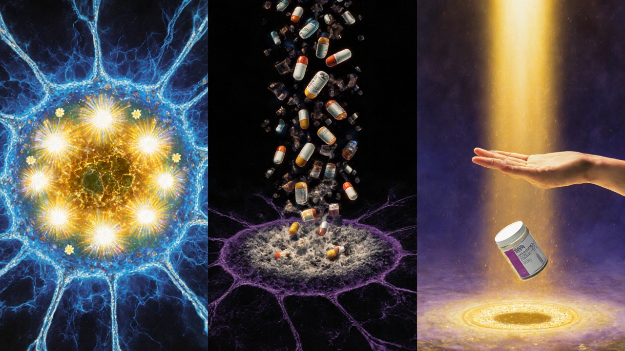 A triptych showing healthy cells, collapsing cells under pill rain, and a hand stopping a prescription with restoring light.