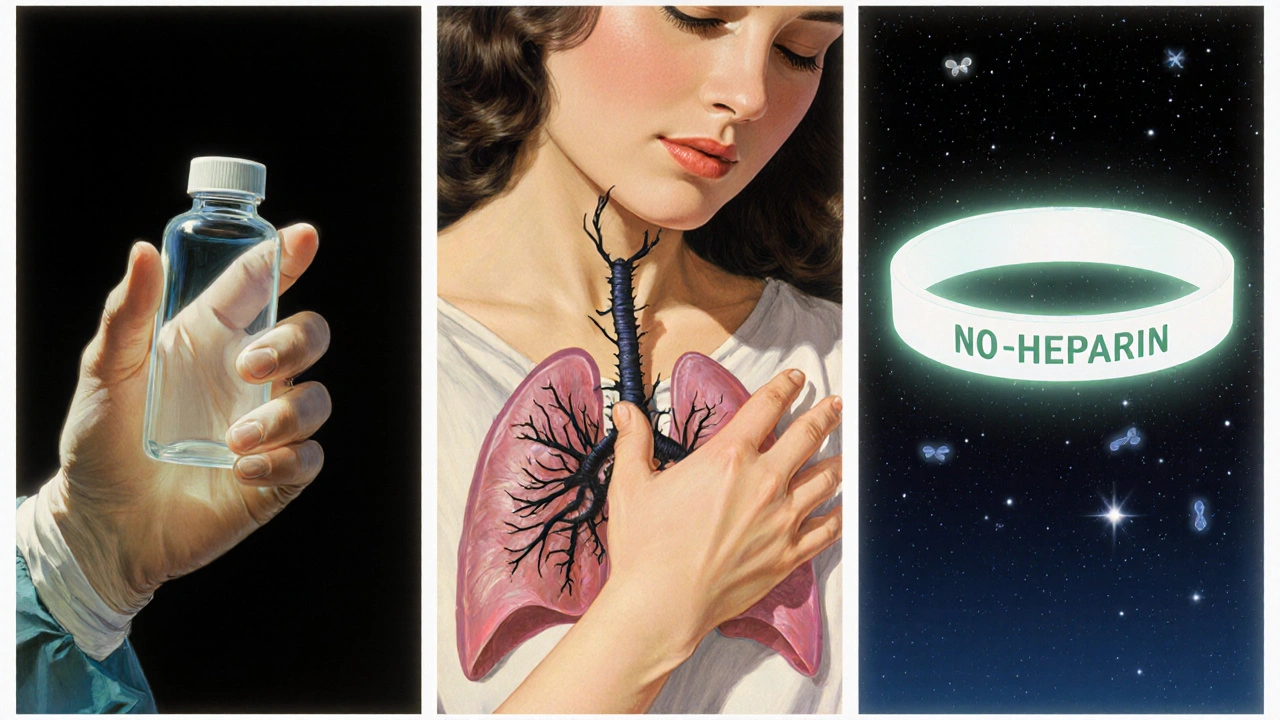 A triptych showing heparin vial, pulmonary clot, and medical alert bracelet under a starlit sky with luminous glow.
