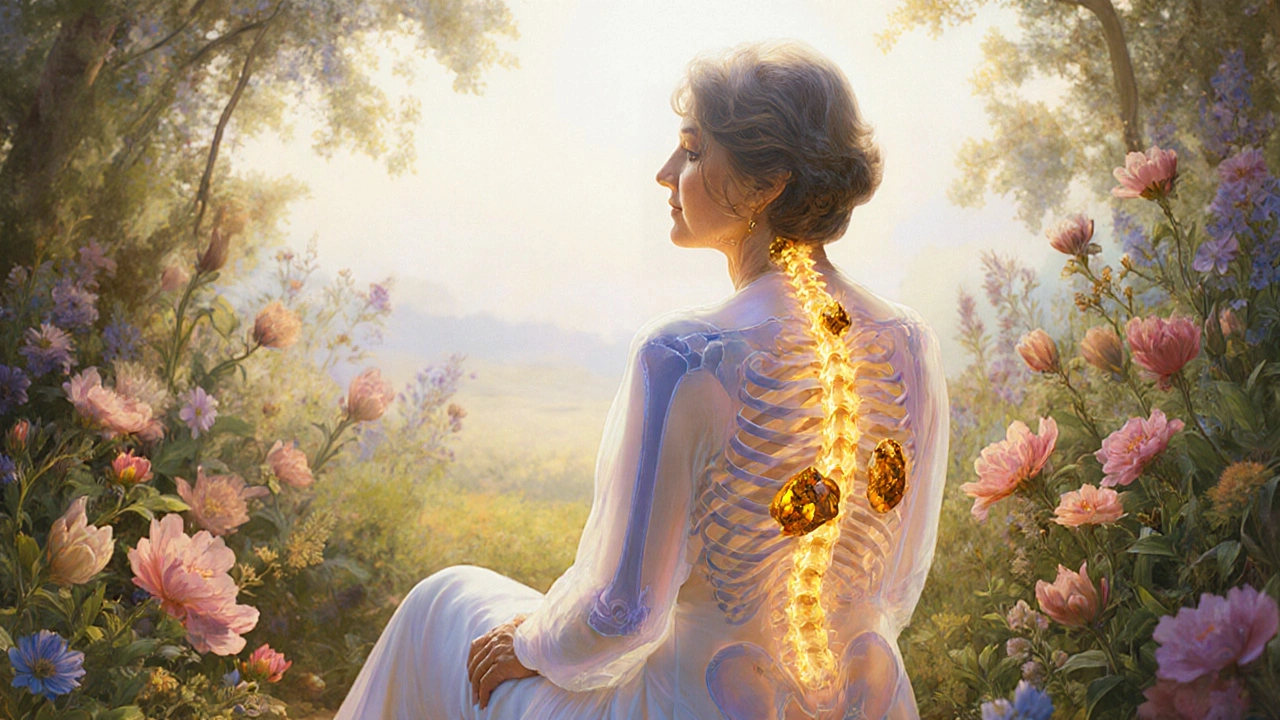 A woman in a sunlit garden with translucent body revealing bone damage and kidney stones, while healing light flows from her neck.