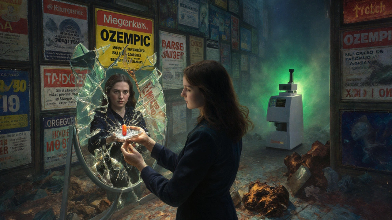 A woman reaching for a fake pill that shatters into crystals, her reflection showing her fading away.