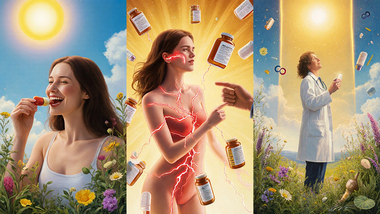 A woman’s body is fractured by warning lines from supplements, then mended by golden light as she reaches for her doctor.