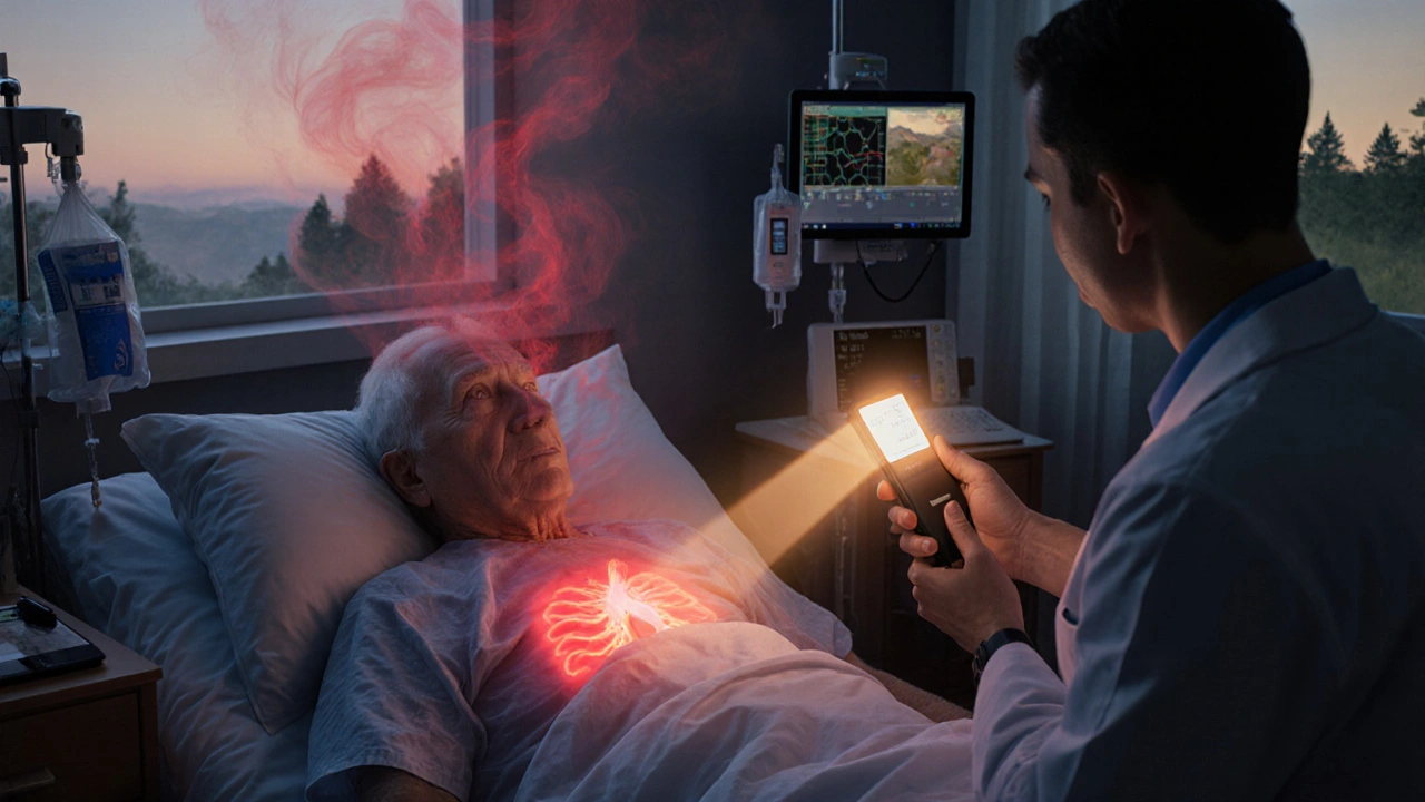 An elderly patient in bed with rising red lactate smoke, illuminated by a handheld lactate monitor in soft twilight.