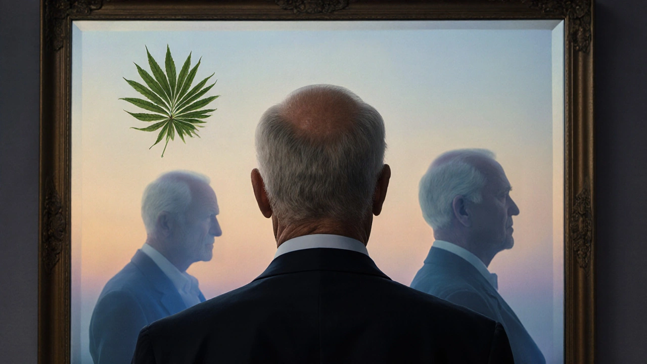 An older man in front of a mirror with healthy hair, past versions fading behind him in twilight hues.