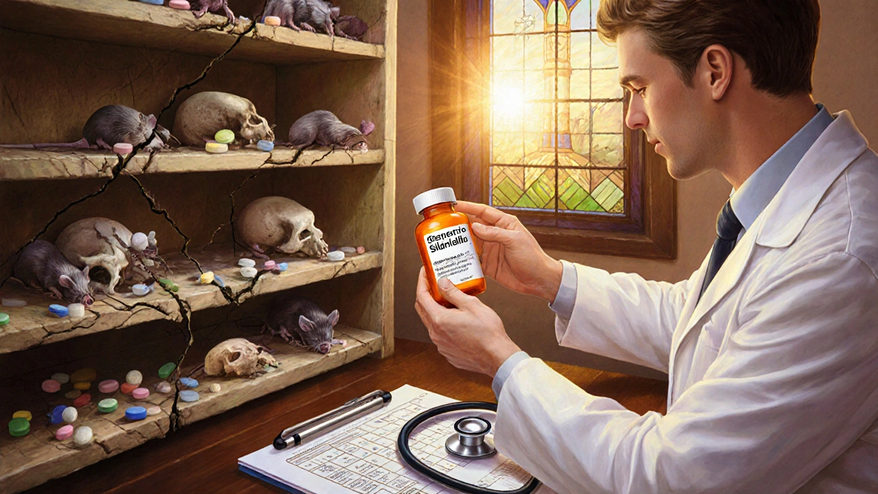 Counterfeit pills spilling from a shelf while a doctor places a legitimate prescription bottle nearby at sunrise.