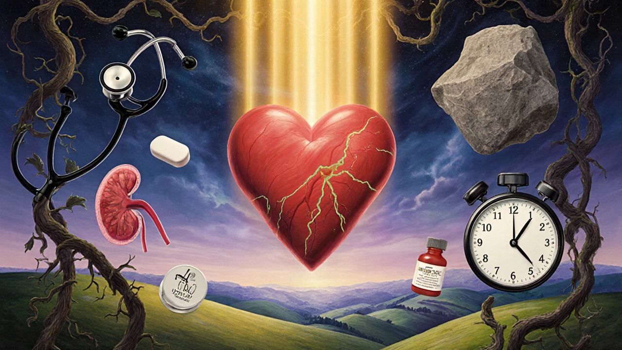 Human heart surrounded by drug symbols and potassium, threatened by dark vines under twilight skies.