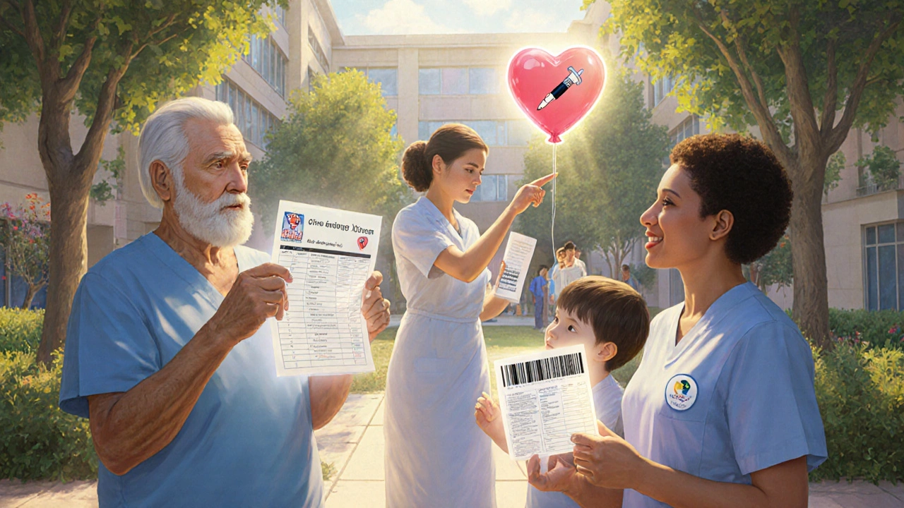 Patients and staff in a sunlit courtyard hold glowing medication lists, symbolizing safety and shared responsibility.