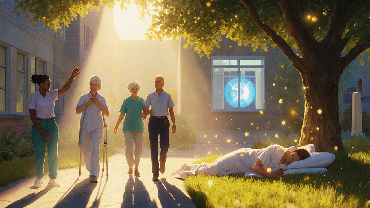 Patients recovering in a sunlit garden, emerging from shadow into light with therapeutic support.