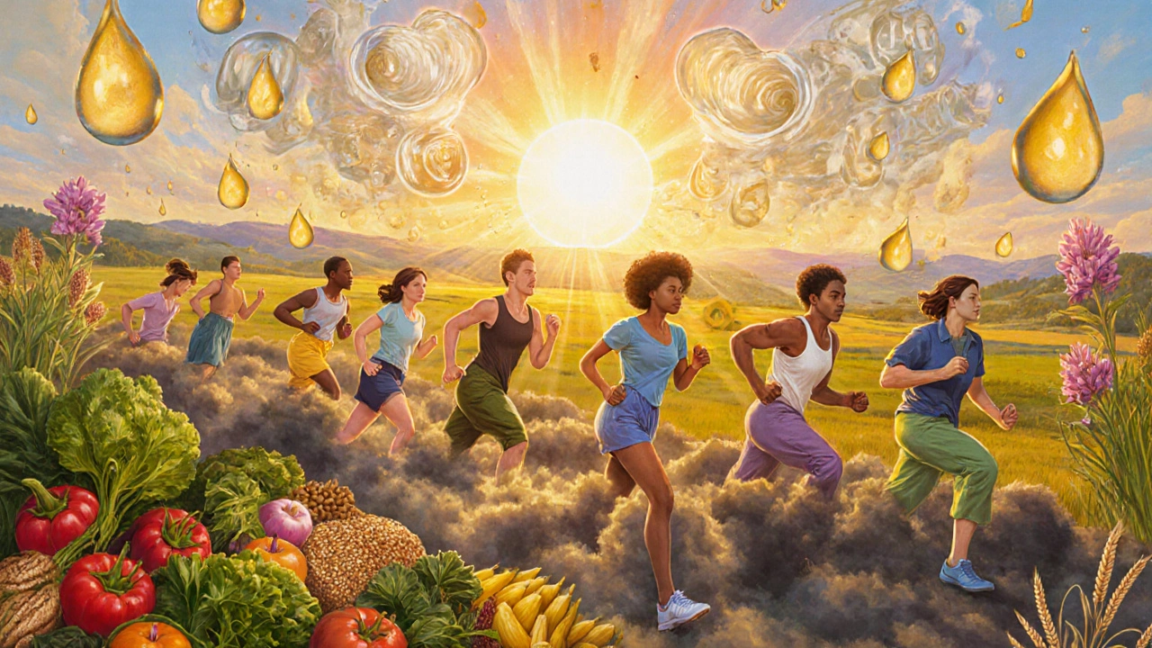 People walking through a luminous landscape, shedding metabolic darkness as they embrace healthy foods and movement.