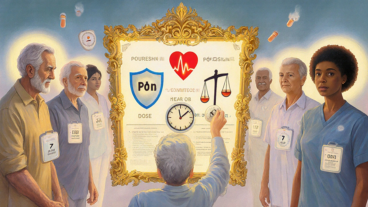 Pharmacist adjusting a glowing medical chart with floating health icons, surrounded by diverse patients in golden light.