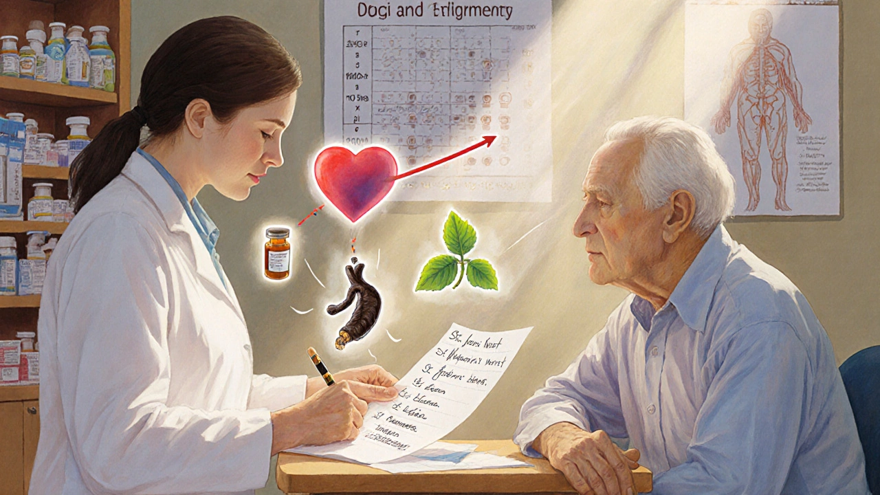 Pharmacist and patient reviewing medication list with glowing interaction icons in a sunlit clinic.