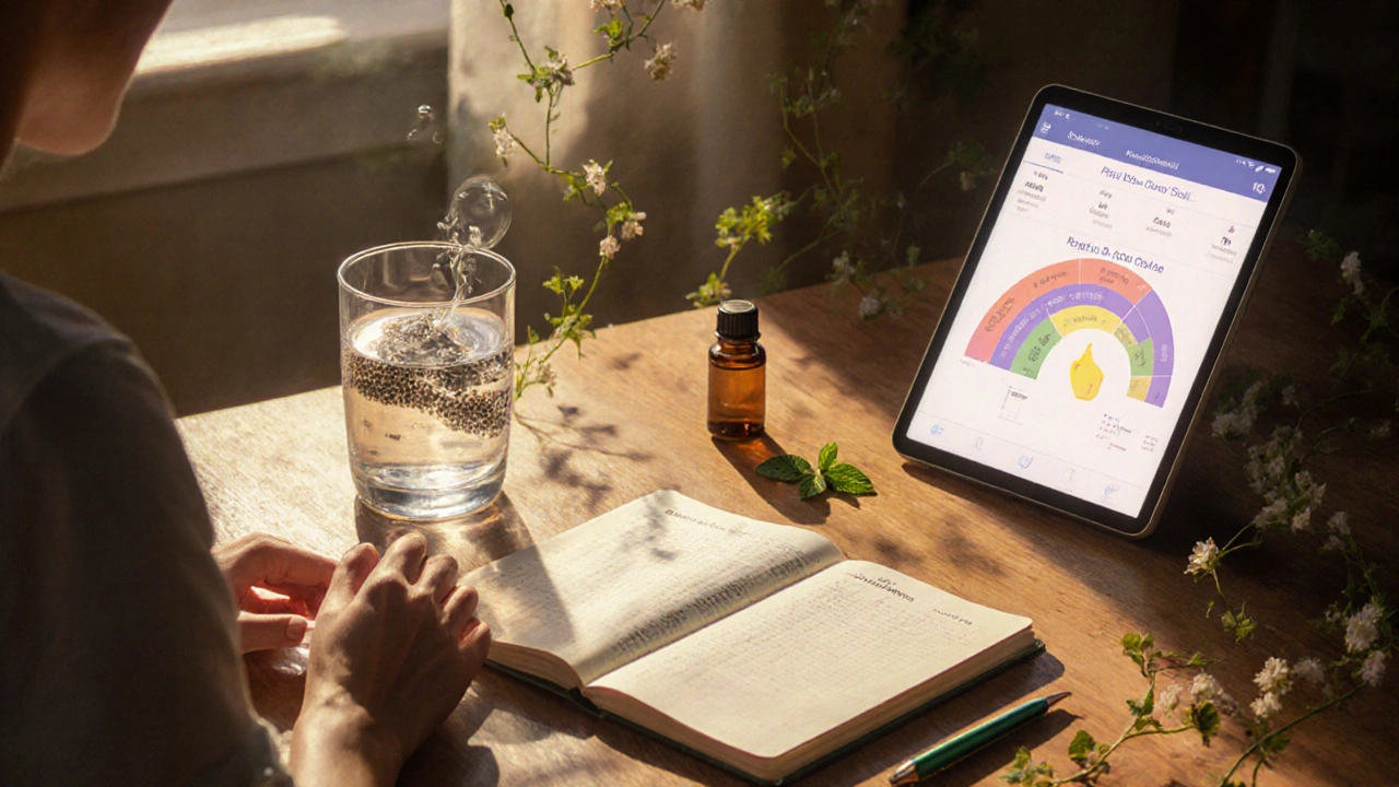 Someone at a table with IBS management symbols like peppermint oil, water, and a stool chart, glowing in soft light.