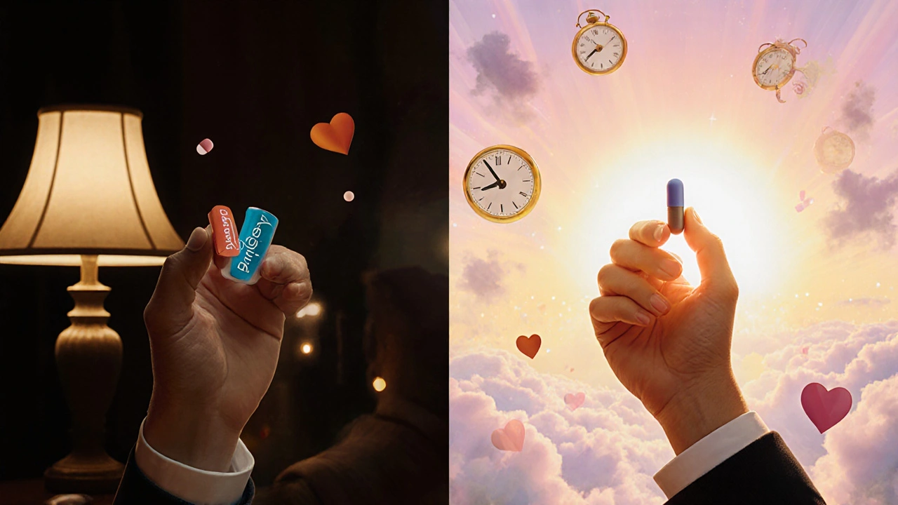 Split scene: one side shows two pills under dim light, the other shows one pill under sunrise, symbolizing treatment simplicity.