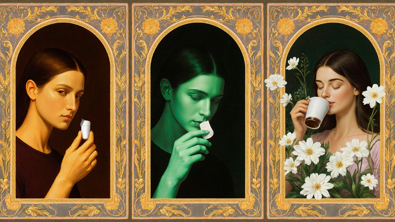 Three symbolic figures representing modafinil, adrafinil, and caffeine-L-theanine, framed by glowing botanical borders.