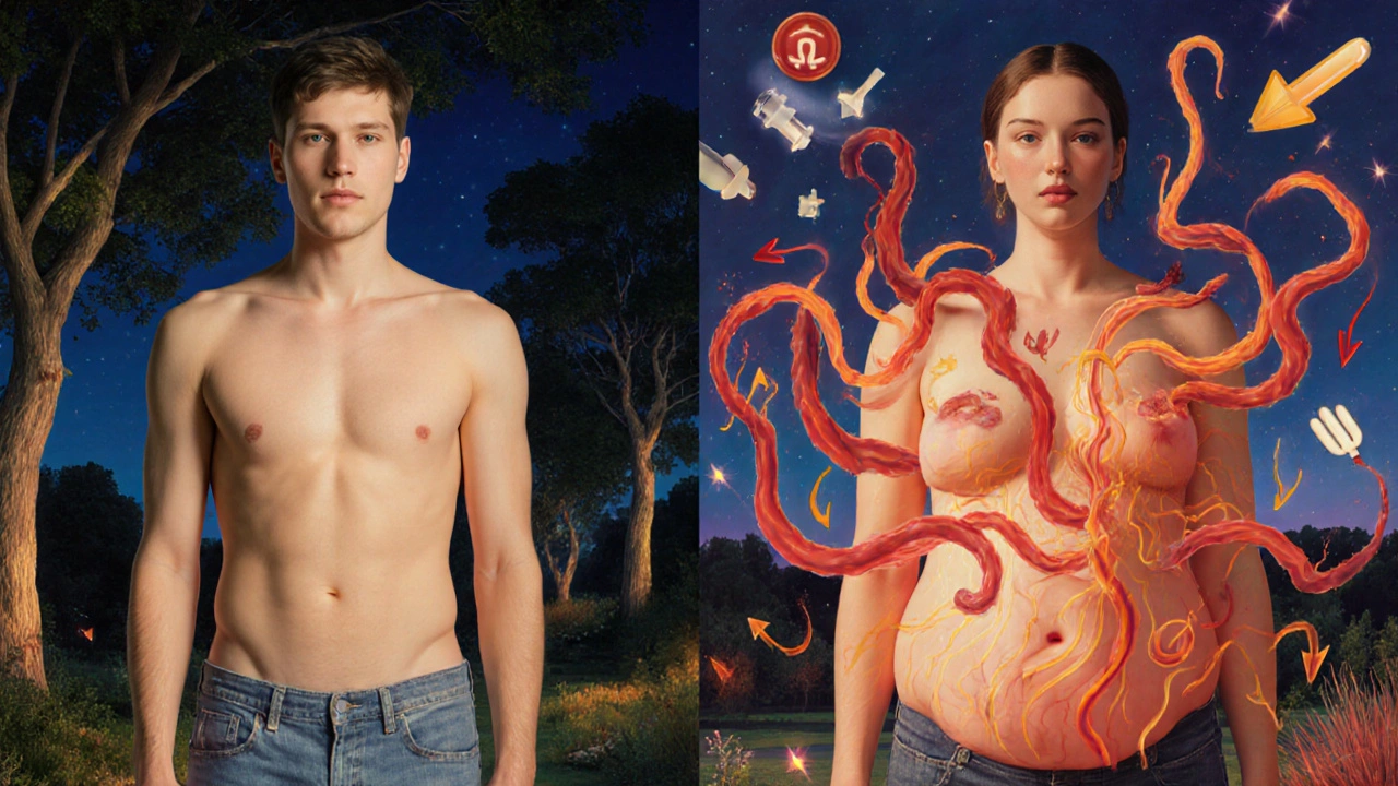 Two figures side by side: one healthy, one with belly fat sending harmful signals into blood pressure and cholesterol symbols.