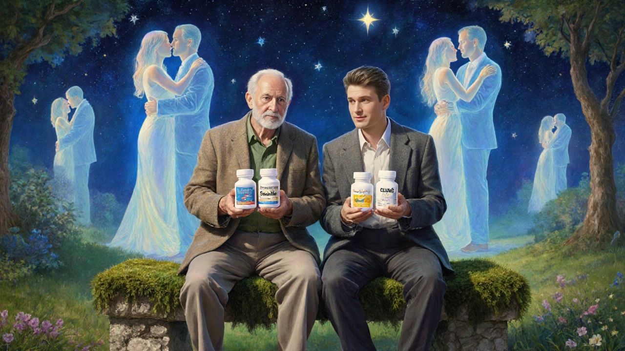 Two men on a garden bench with pill bottles, surrounded by translucent couples under a starlit sky.