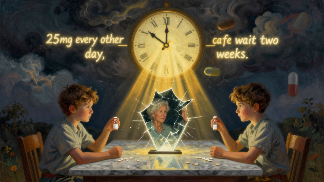 A child and teen at a marble table with lamotrigine vials, a glowing clock above showing safe dosing steps.