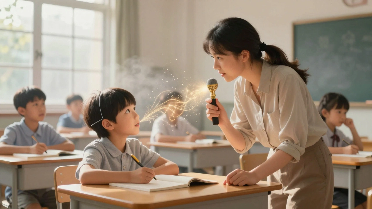 A child in a sunlit classroom listening as a teacher holds a radiant microphone, with other voices fading into fog.