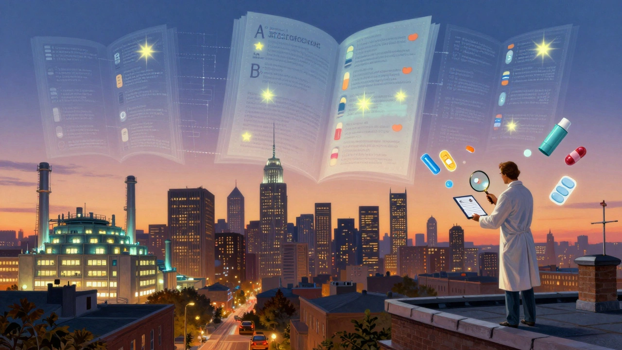 A city skyline with a digital Orange Book glowing in the sky, showing A-rated drugs as stars and B-rated ones fading.