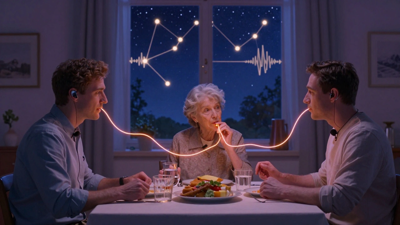 A family dinner with glowing voice threads connecting to an elderly woman’s hearing aid, noise dissolved into calm colors.