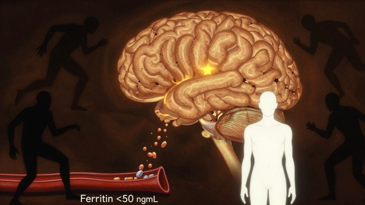 A glowing brain with iron molecules rising from low ferritin levels, contrasted with calm and restless figures.