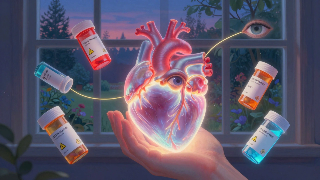 A glowing heart is protected by floating labeled pill bottles, surrounded by soft light and symbolic warnings.
