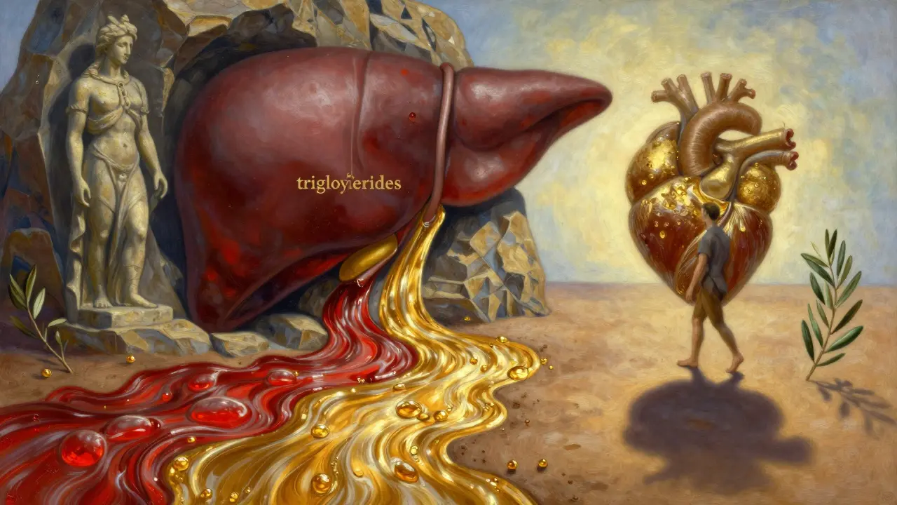 A liver and pancreas as stone statues surrounded by rivers of triglycerides and glucose, with a walking figure casting a heart-shaped shadow.