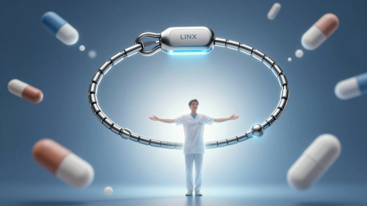 A magnetic LINX device hovers around a glowing esophagus, with dissolving pills and a peaceful patient in radiant light.