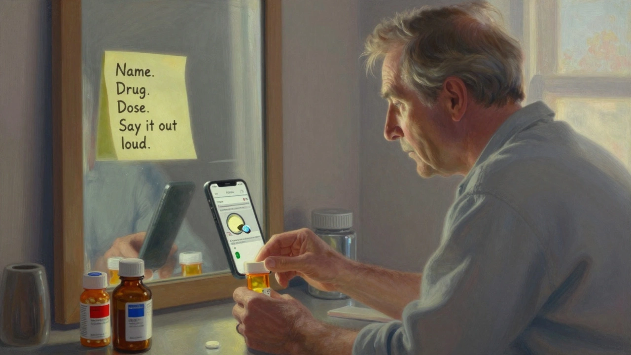 A man pauses before taking medication, reading a label reflected in a mirror with color-coded stickers nearby.