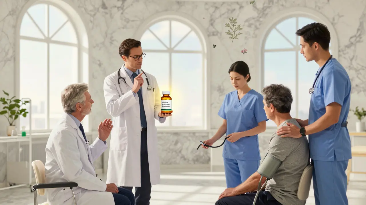 A medical team gathers around a patient, highlighting generic medication with warm light and botanical details in a serene clinic.