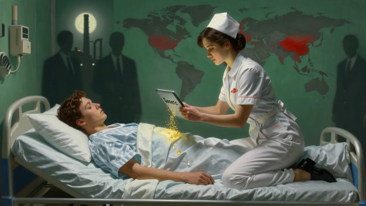 A nurse holds a dissolving generic pill beside a sleeping patient, shadowy figures loom in the background under moonlight.