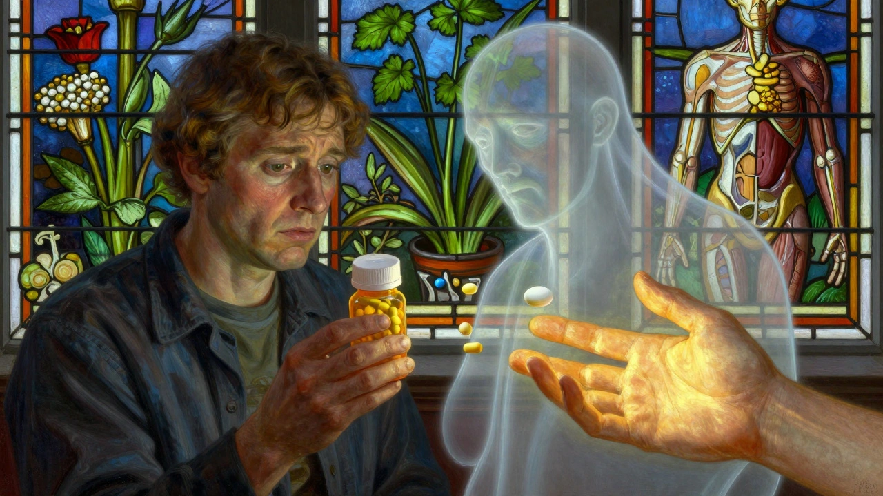 A patient holds a new generic pill as a translucent image of the old one floats beside them, symbolizing change.