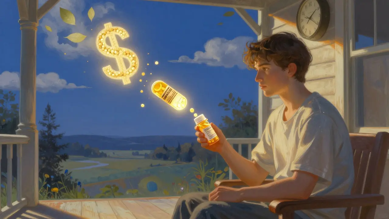 A patient on a porch watching brand and generic pills transform into light as the year 2025 glows in the distance.