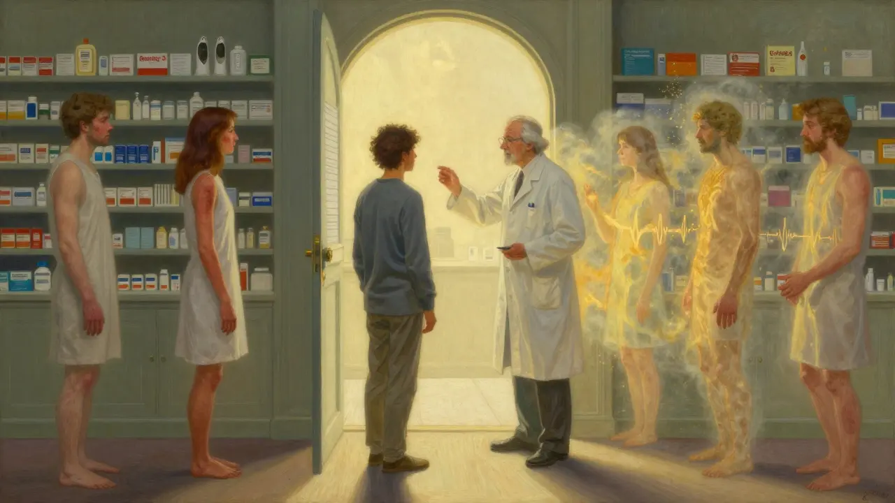 A patient steps from shadow into light at a pharmacy archway, guided by a pharmacist.