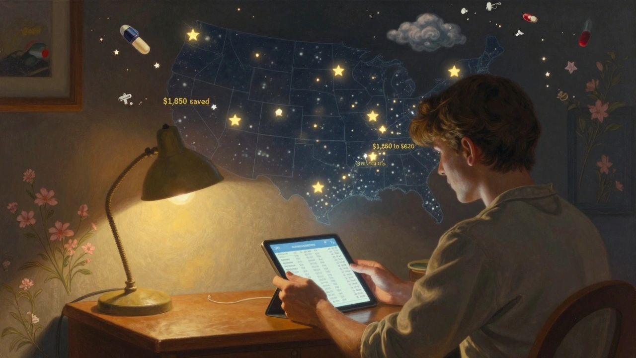 A person at a desk comparing drug prices on a tablet, with a celestial map of U.S. savings glowing behind them like stars.