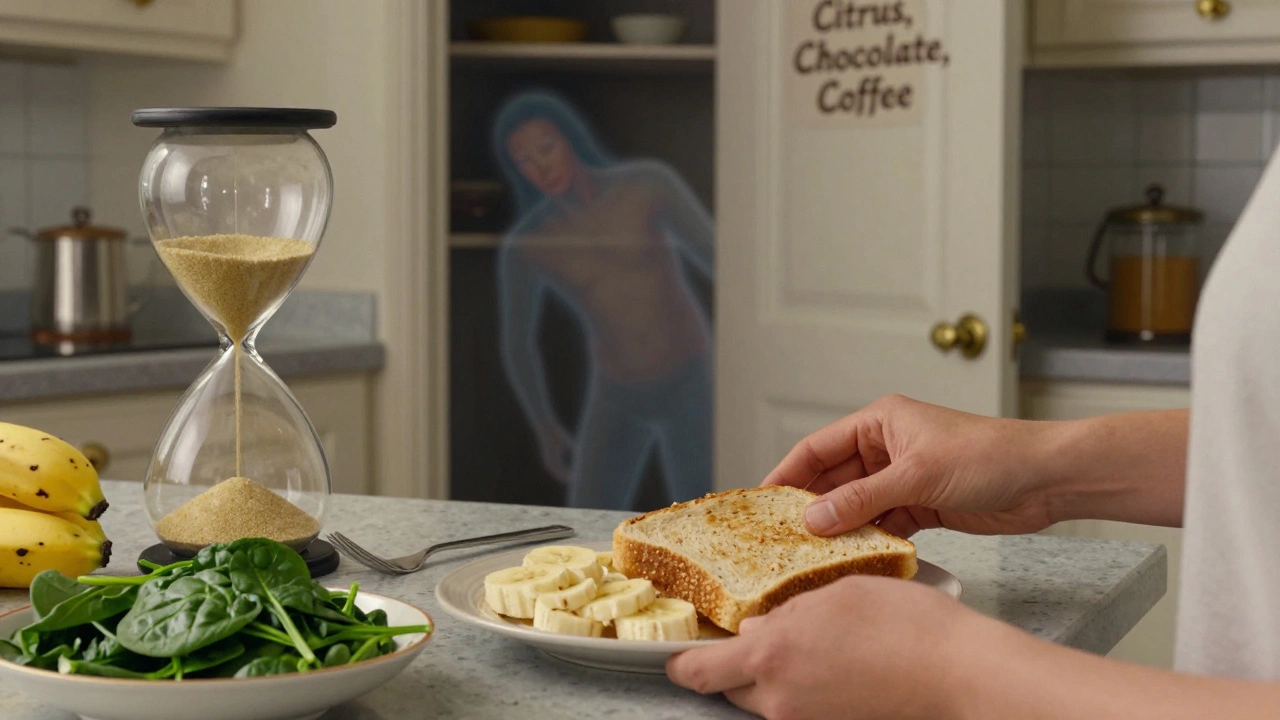 A person prepares a low-fat breakfast at dawn, with an hourglass symbolizing the 3-hour wait before lying down.