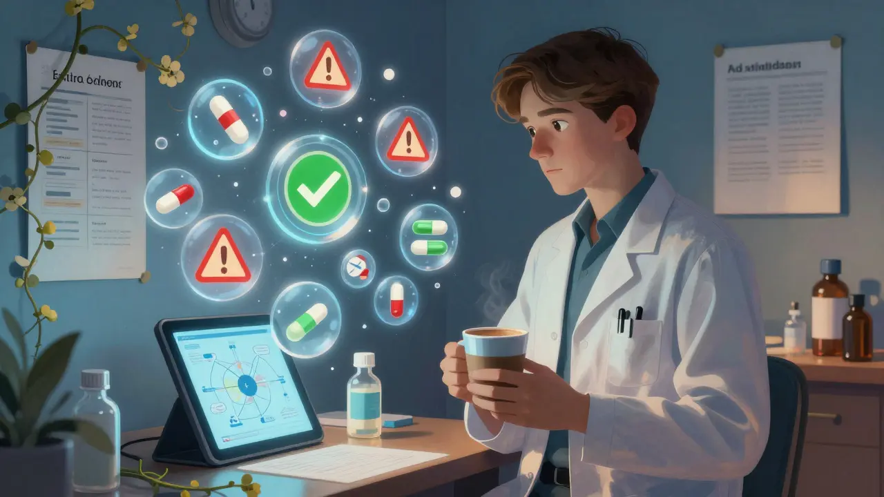 A pharmacist and young adult are surrounded by floating icons showing medication interactions in soft glowing light.