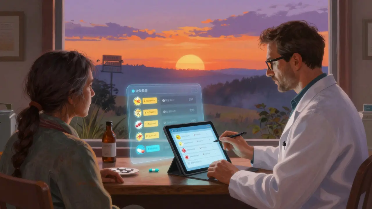 A pharmacist conducts a virtual medication review with a patient at home, digital drug alerts glowing softly in golden light.