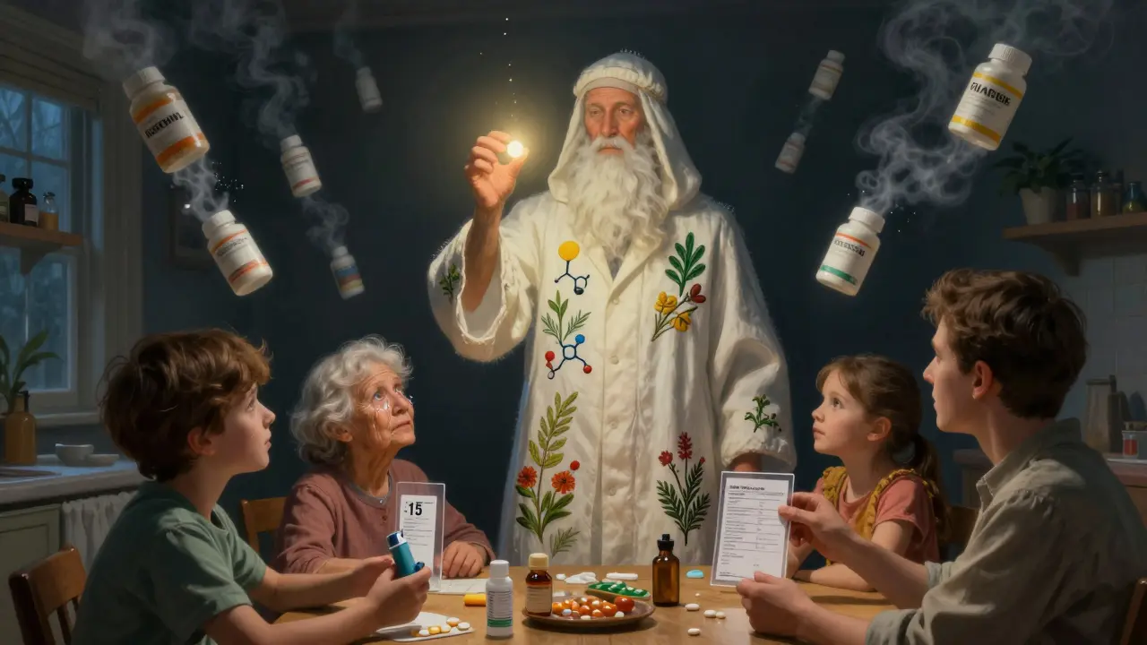 A pharmacist holds a glowing generic pill, dissolving brand-name bottles into mist, while a family smiles with relief at a kitchen table.