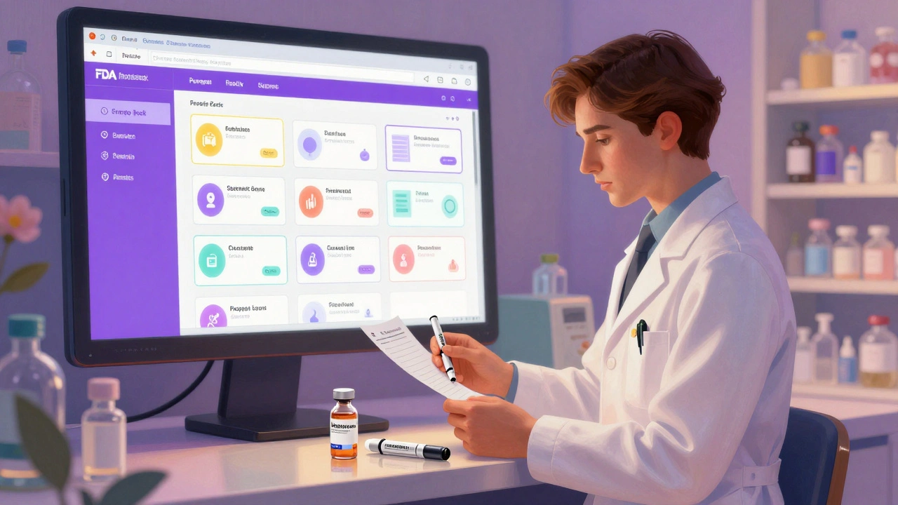 A pharmacist places an interchangeable insulin pen beside the original brand at a pharmacy counter with a Purple Book display.