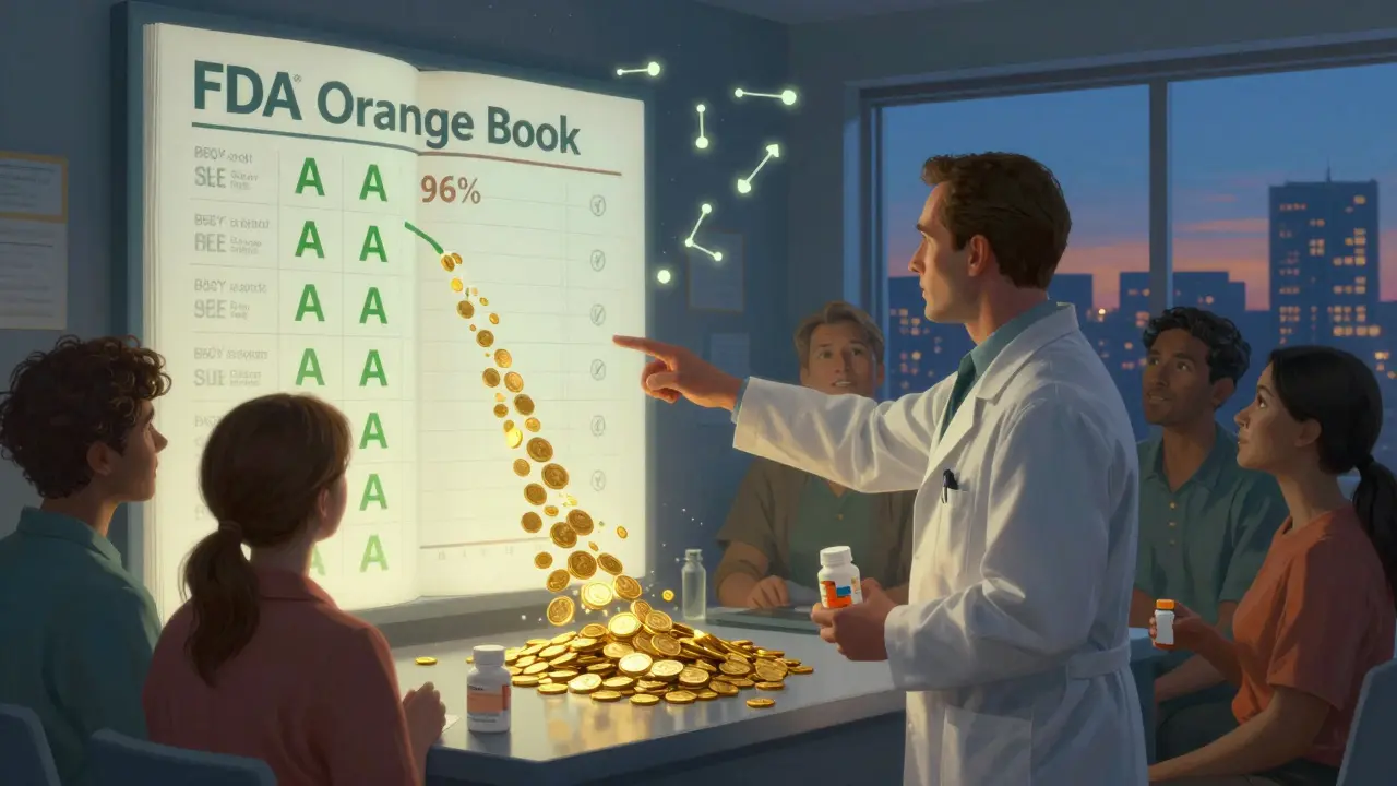 A pharmacist points to a glowing chart of drug equivalencies, with patients listening as golden coins cascade in the background.